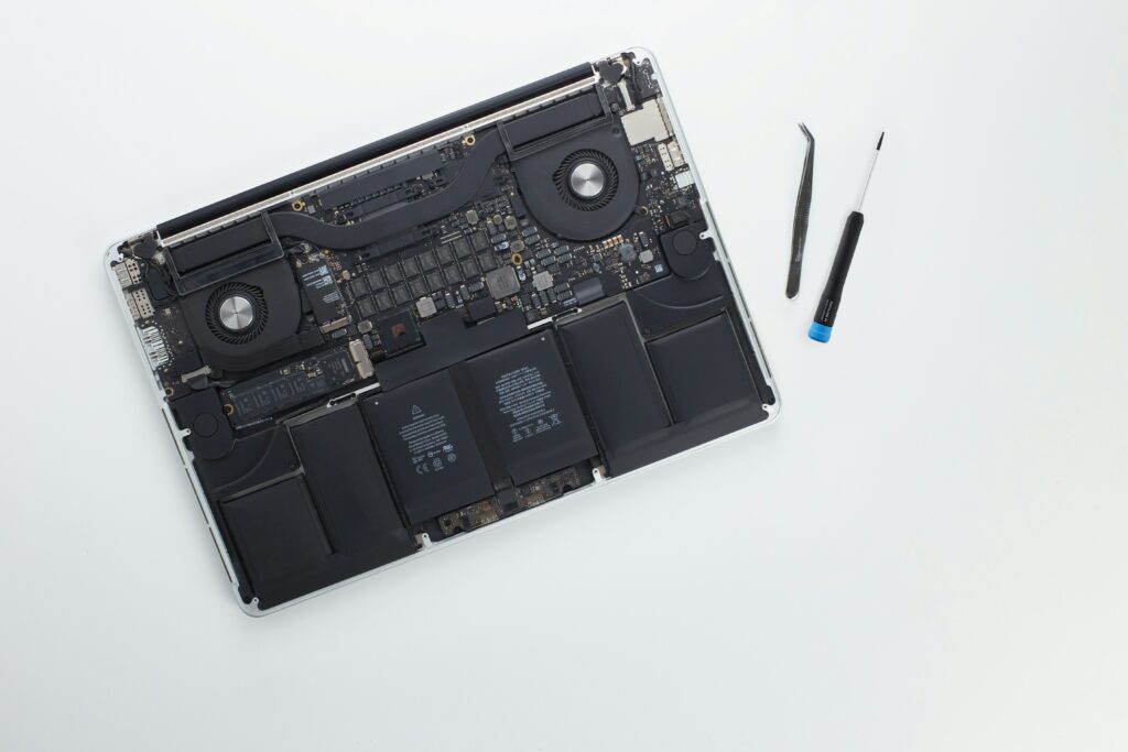 Internals of a MacBook Pro in the middle of a computer repair